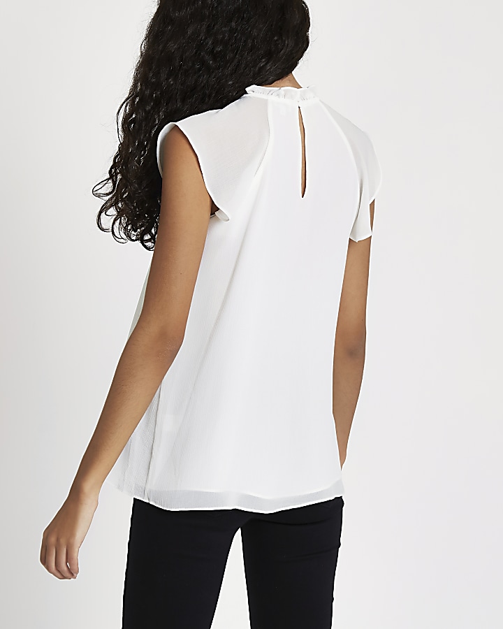 White high neck frill sleeve top