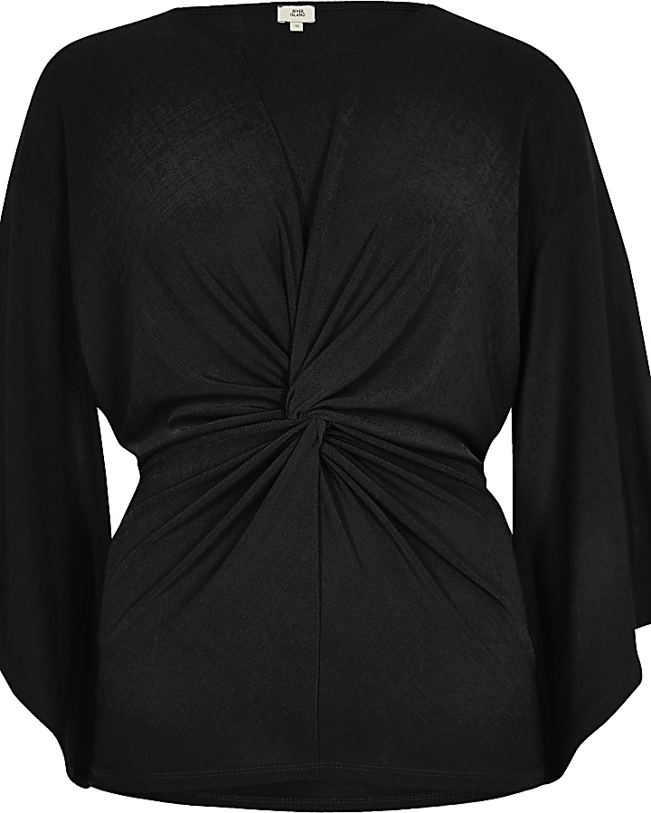 Black twist front kimono sleeve top