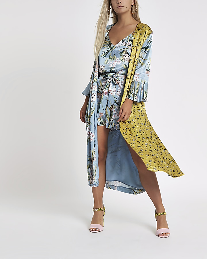 Petite blue mixed floral print duster jacket