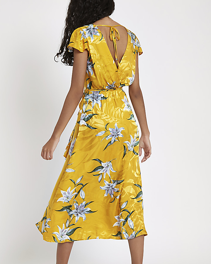 Yellow floral frill split hem maxi dress