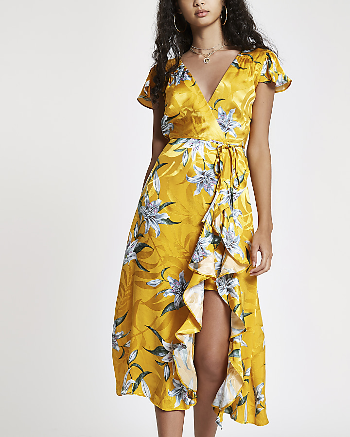 Yellow floral frill split hem maxi dress