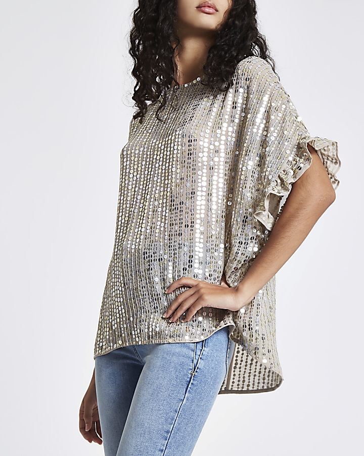 Gold sequin embellished frill sleeve top