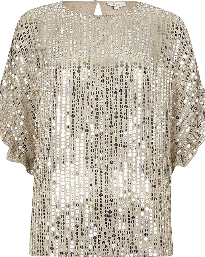 Gold sequin embellished frill sleeve top