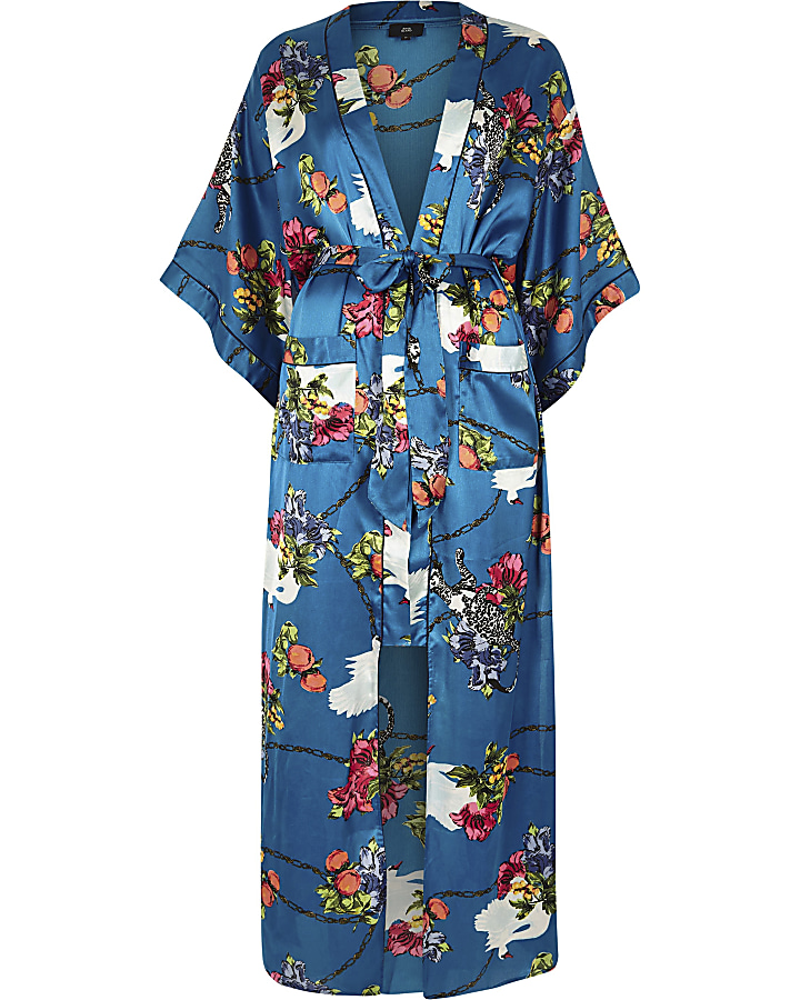 Blue chain floral print kimono
