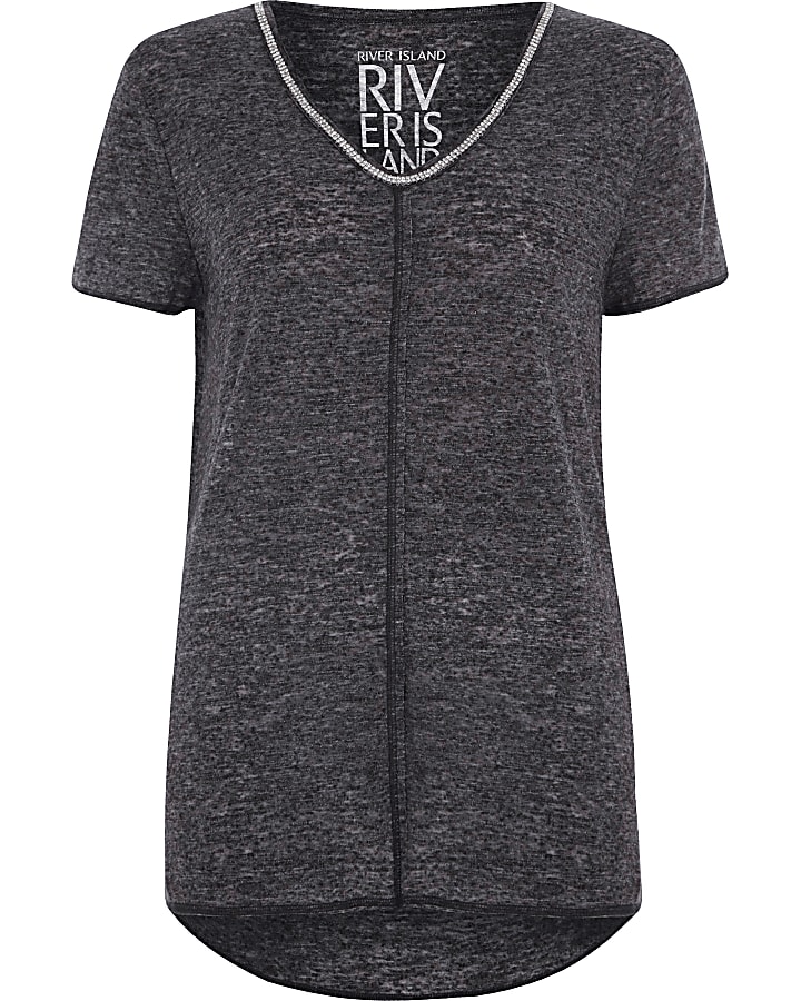 Grey short sleeve embellished slub T-shirt