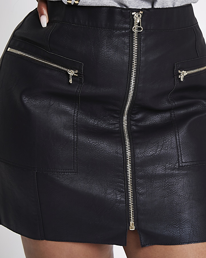 Plus black faux leather zip front mini skirt