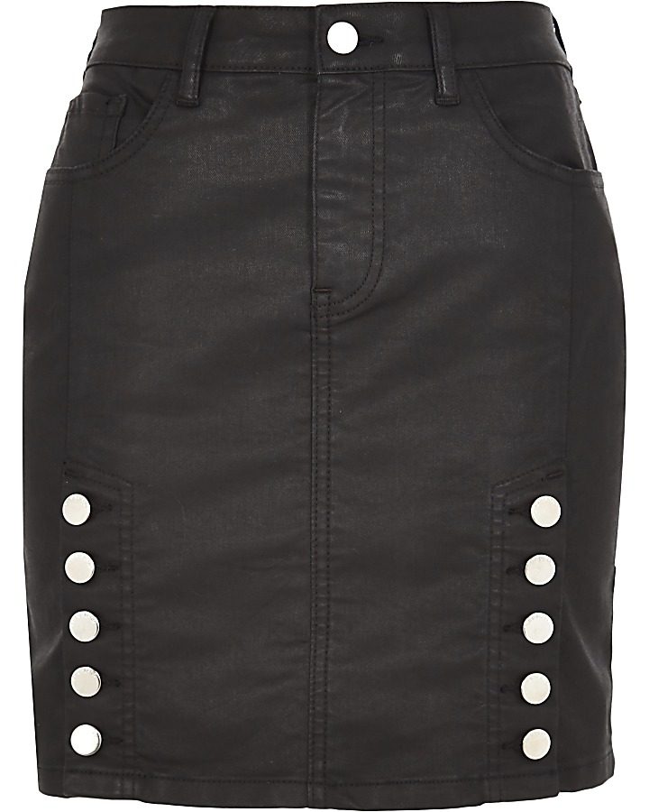 Black coated denim high rise mini skirt