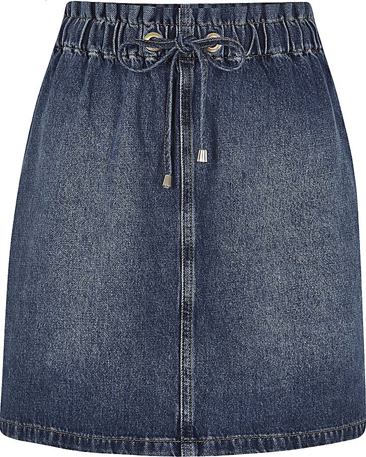 Dark blue drawstring stripe mini denim skirt