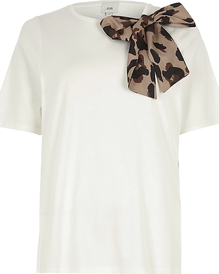 White leopard print bow detail T-shirt