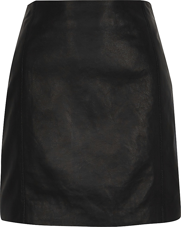 Black leather zip mini skirt