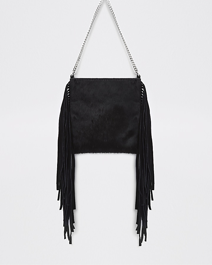 Black leather tassel mini cross body bag