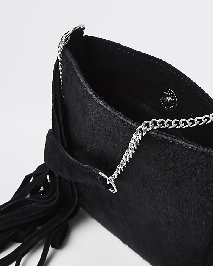 Black leather tassel mini cross body bag