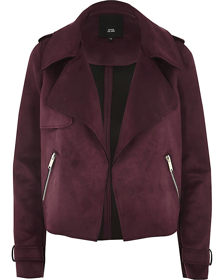 Dark red faux suede cropped trench jacket