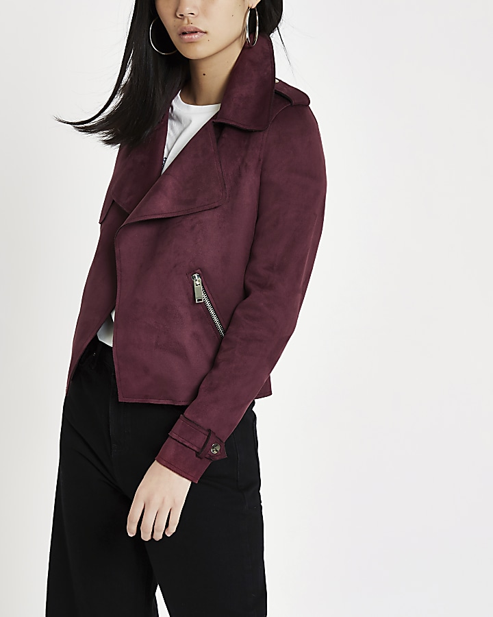 Dark red faux suede cropped trench jacket
