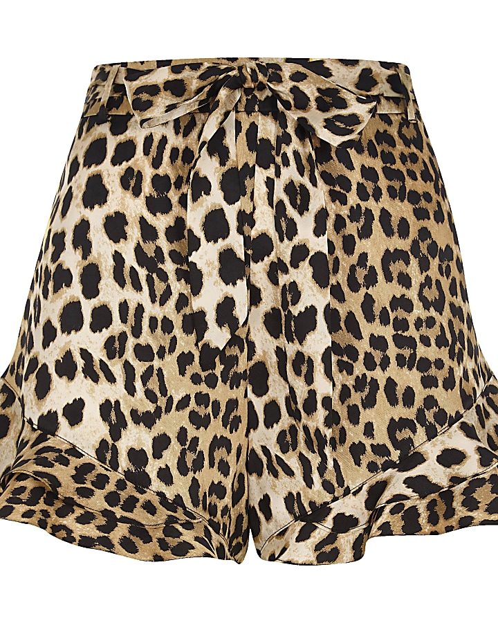 Brown frill hem leopard print shorts