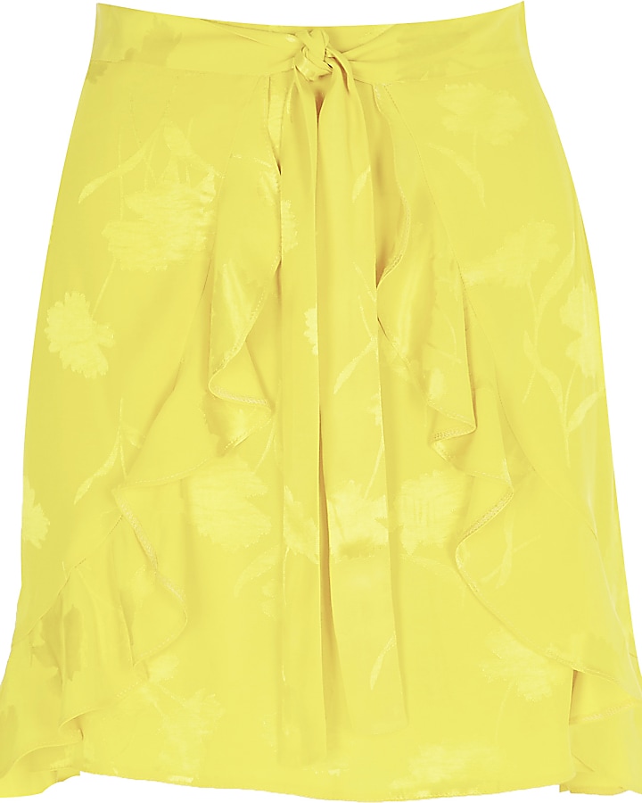 Yellow wrap tie front jacquard mini skirt