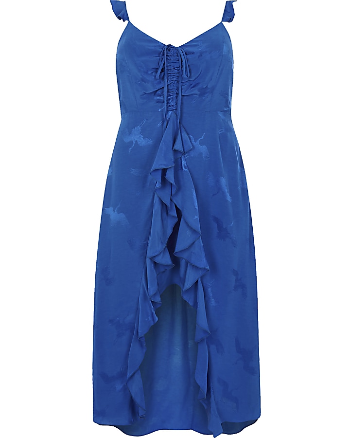 Plus blue jacquard frill slip dress