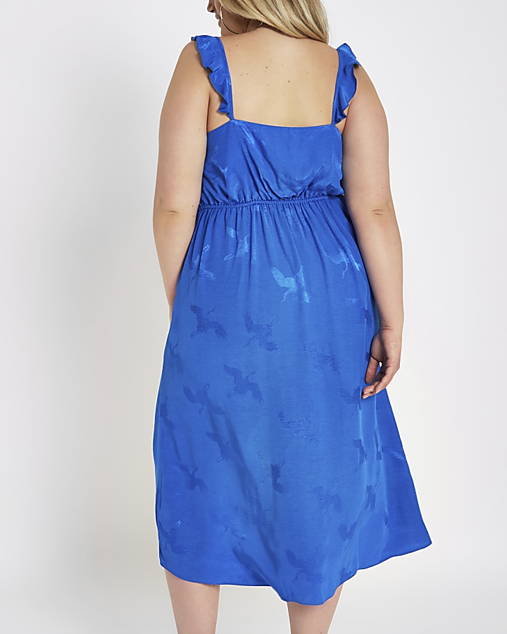 Plus blue jacquard frill slip dress