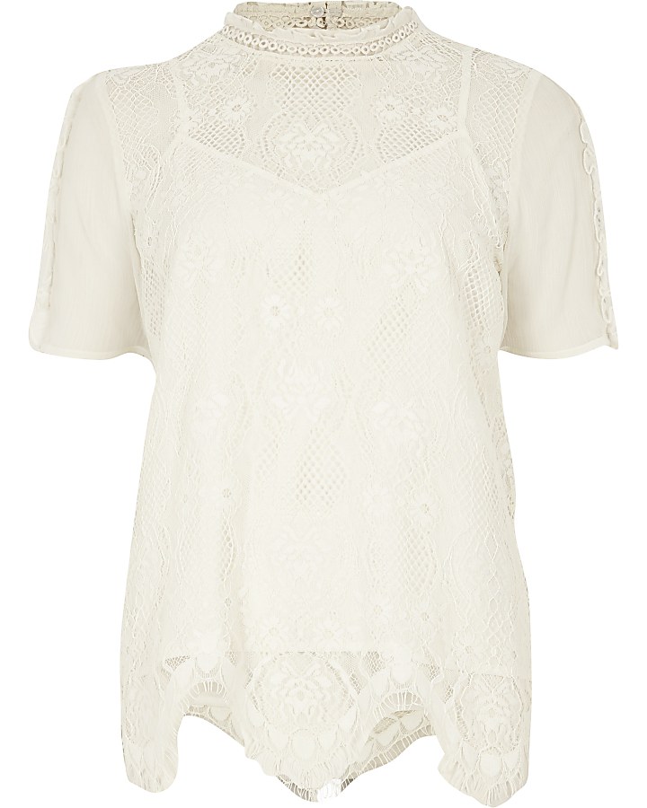 White lace beaded high neck top