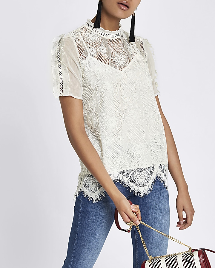 White lace beaded high neck top