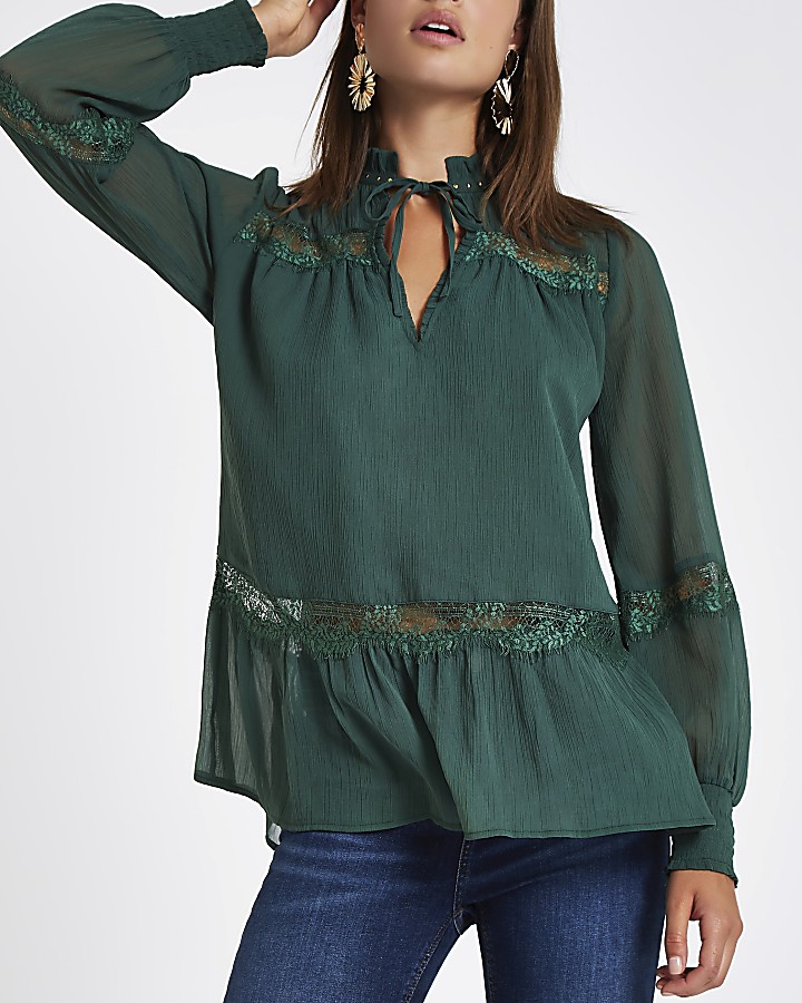 Green stud lace trim blouse