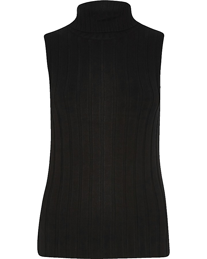 Black knit ribbed roll neck sleeveless top