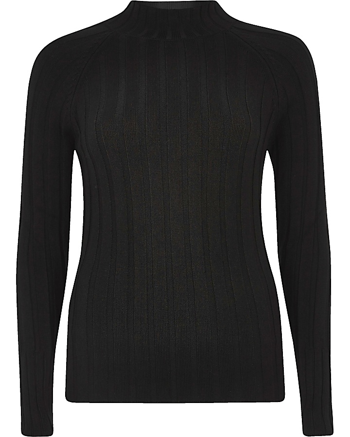 Black knit ribbed high neck top