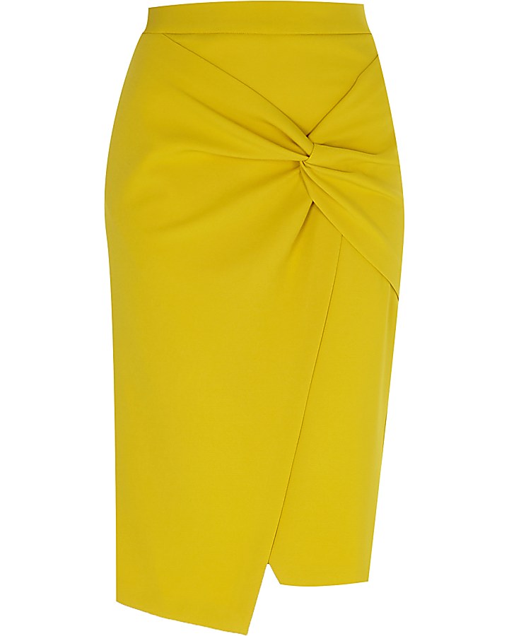 Yellow twist front pencil skirt
