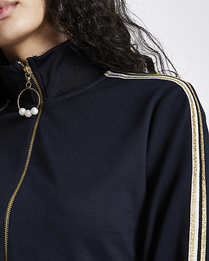 Navy gold tape side zip through jacket