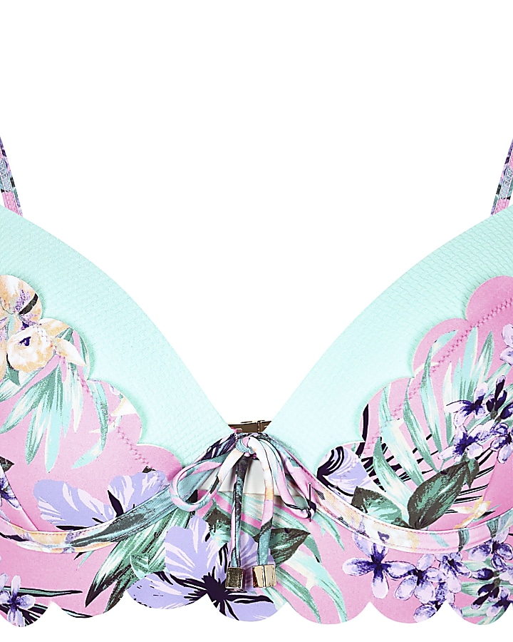 Pink floral scallop trim bikini top