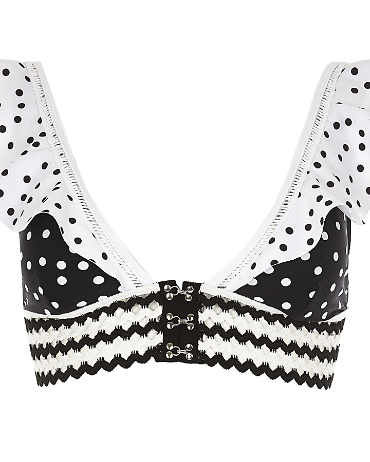 Black polka dot frill triangle bikini top
