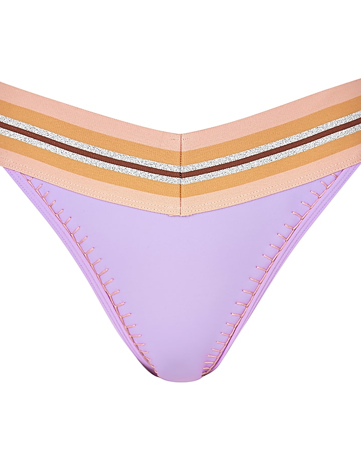 Purple stripe elastic high leg bikini bottoms