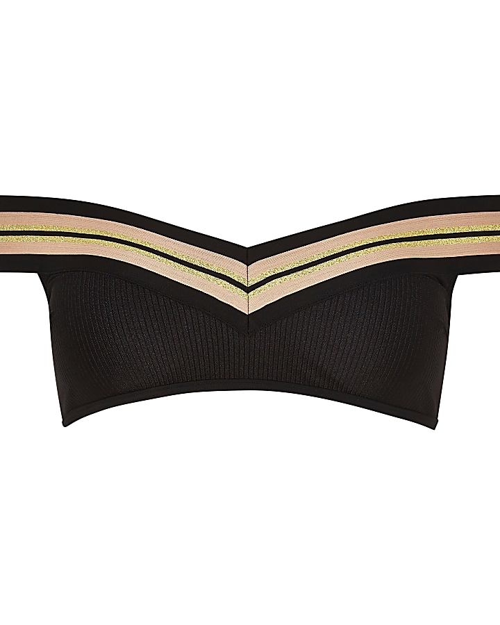 Black rib stripe elastic bardot bikini top