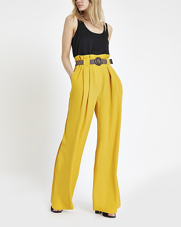 Dark yellow paperbag waist wide leg trousers