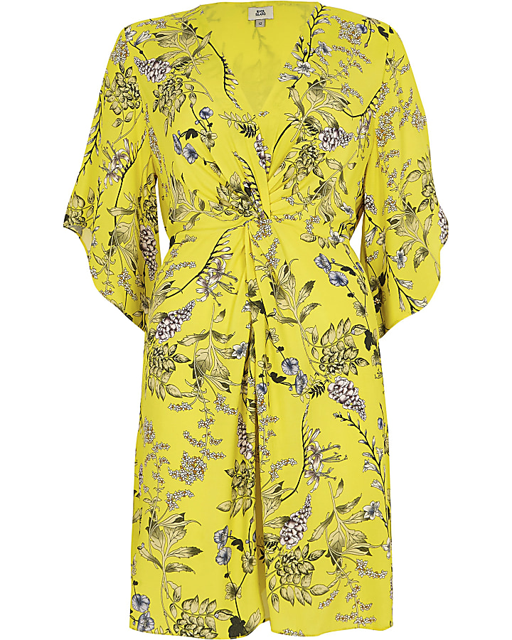 Yellow floral twist front mini dress