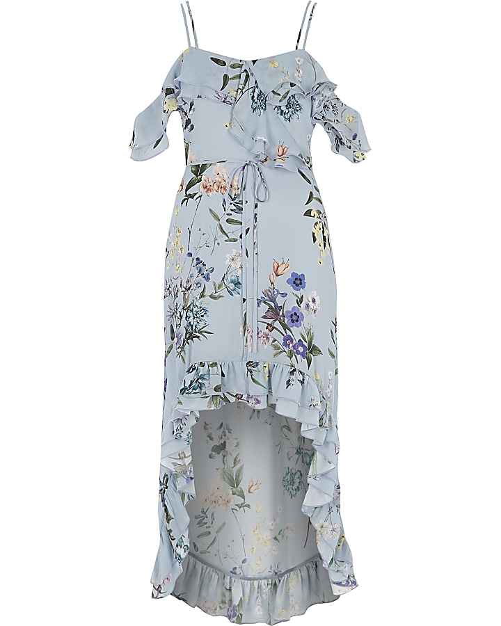 Blue floral frill high low maxi dress