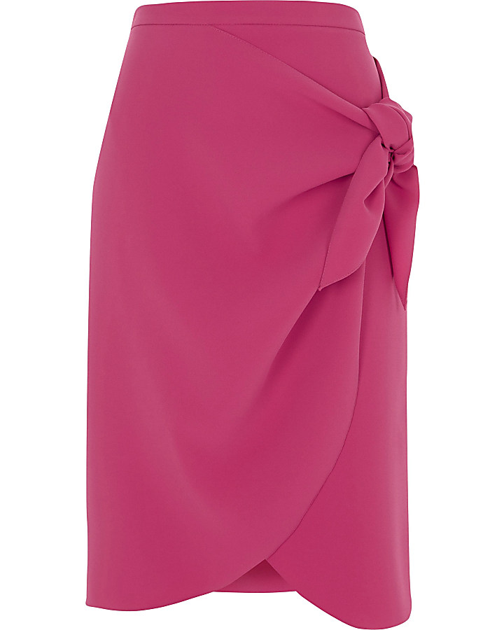 Petite pink tie front pencil skirt