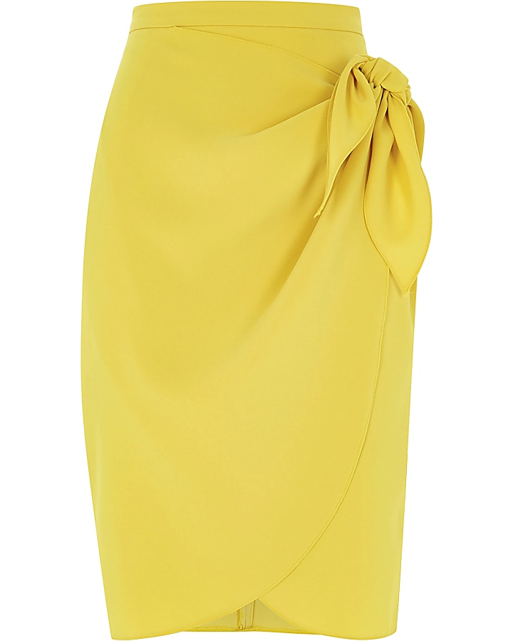 Petite yellow tie front pencil skirt