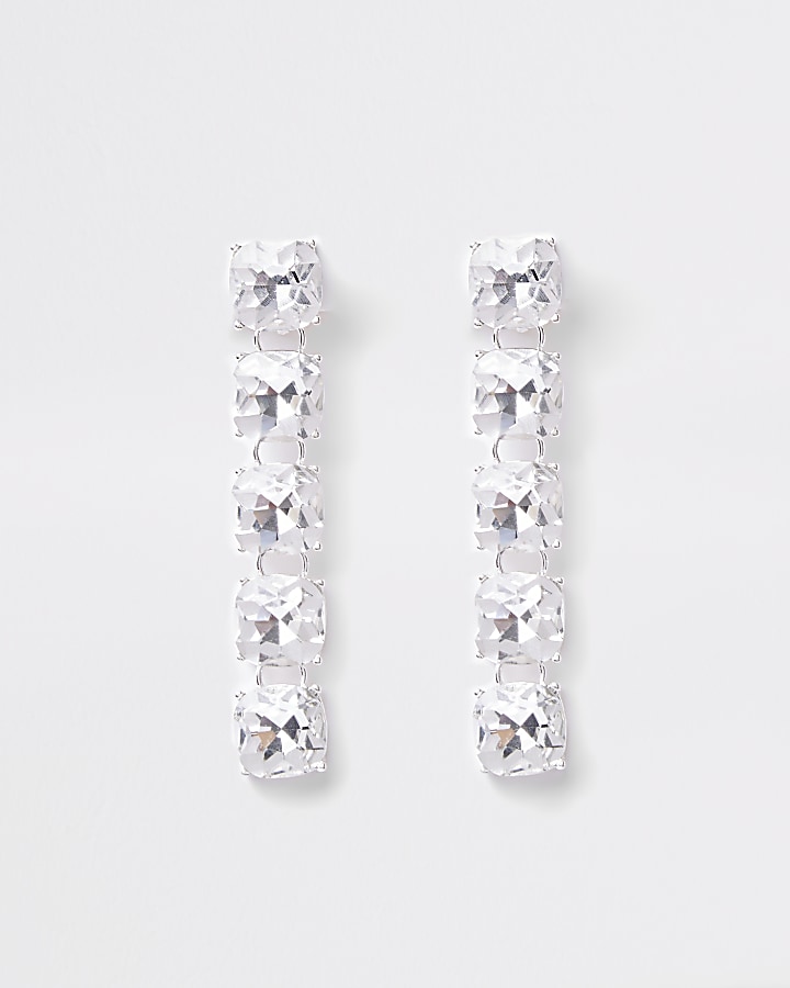 Silver tone diamante clip on drop earrings