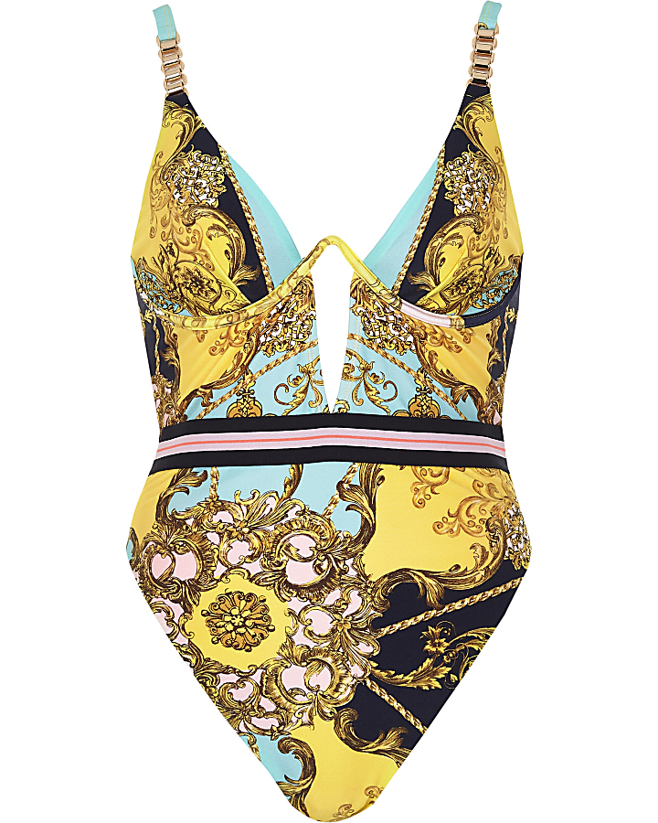 Yellow baroque print chain strap swimsuit