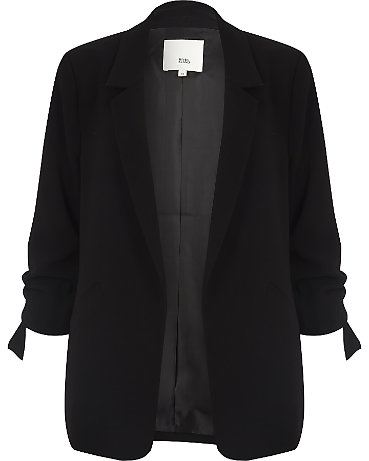 Black rouche sleeve open front blazer