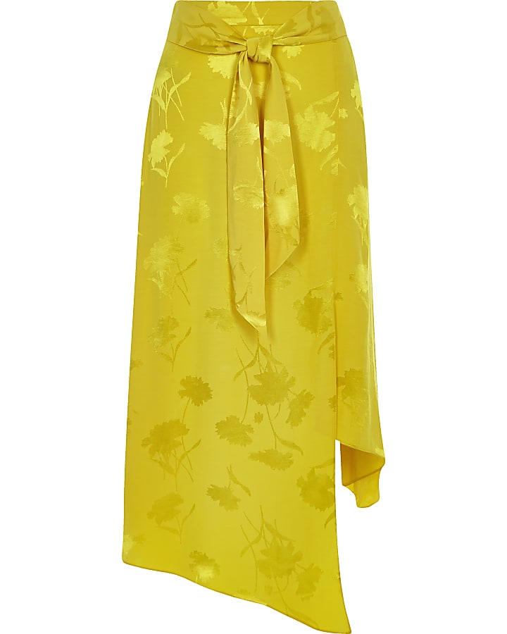 Yellow jacquard tie waist asymmetric skirt