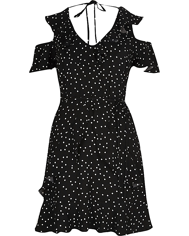 Black spot frill cold shoulder mini dress