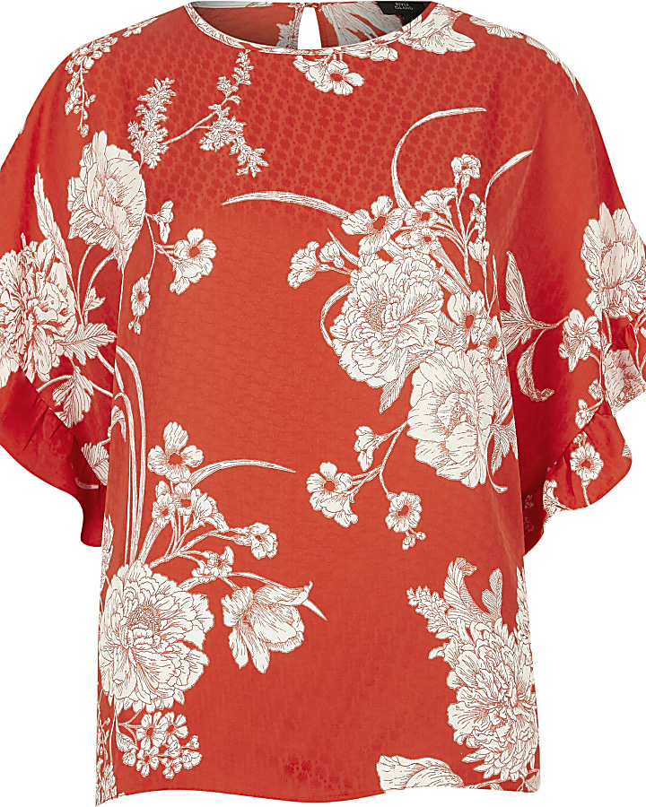 Red floral frill sleeve top
