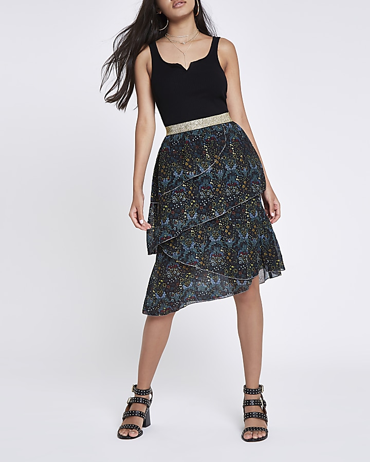 Green floral frill tiered midi skirt