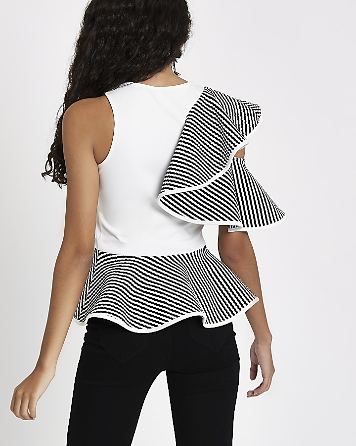 White frill shoulder peplum fitted top