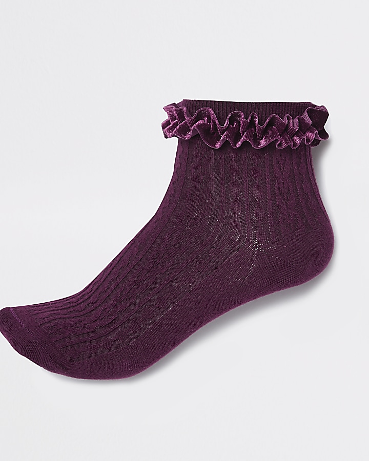 Red cable knit velvet frill ankle socks