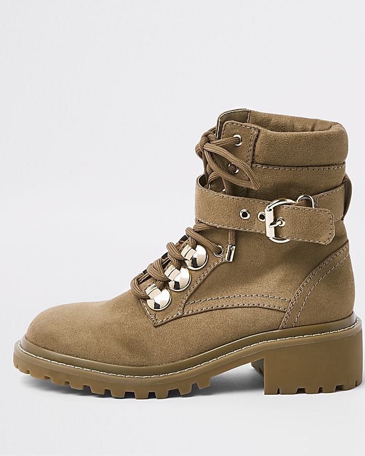 Beige faux suede lace-up hiking boots