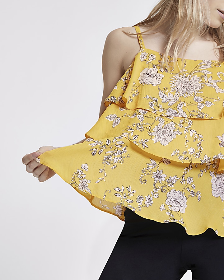 Petite yellow floral tiered frill cami top