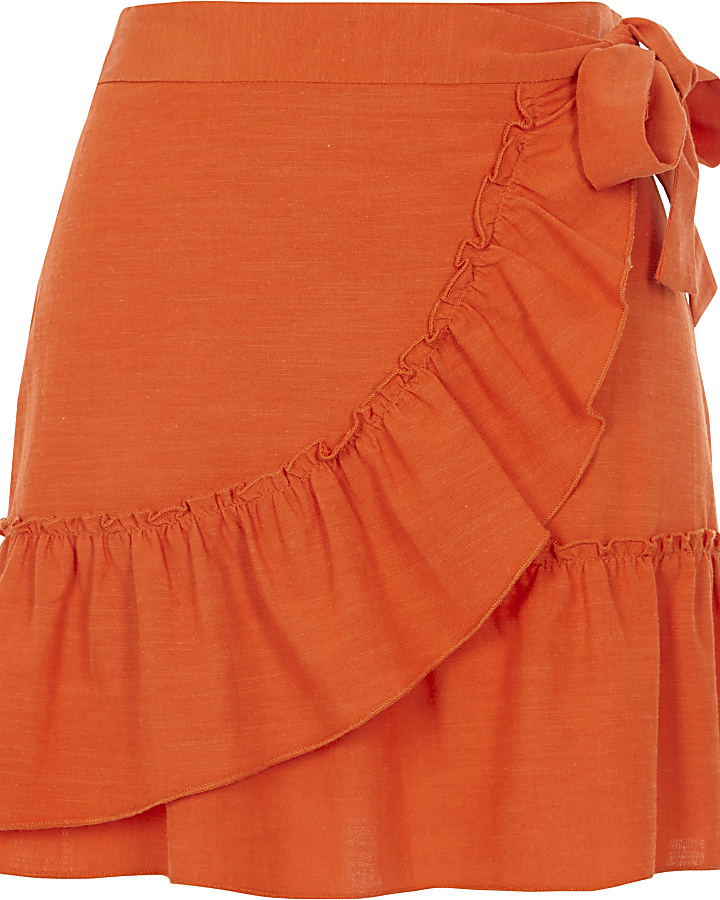 Petite orange frill wrap mini skirt